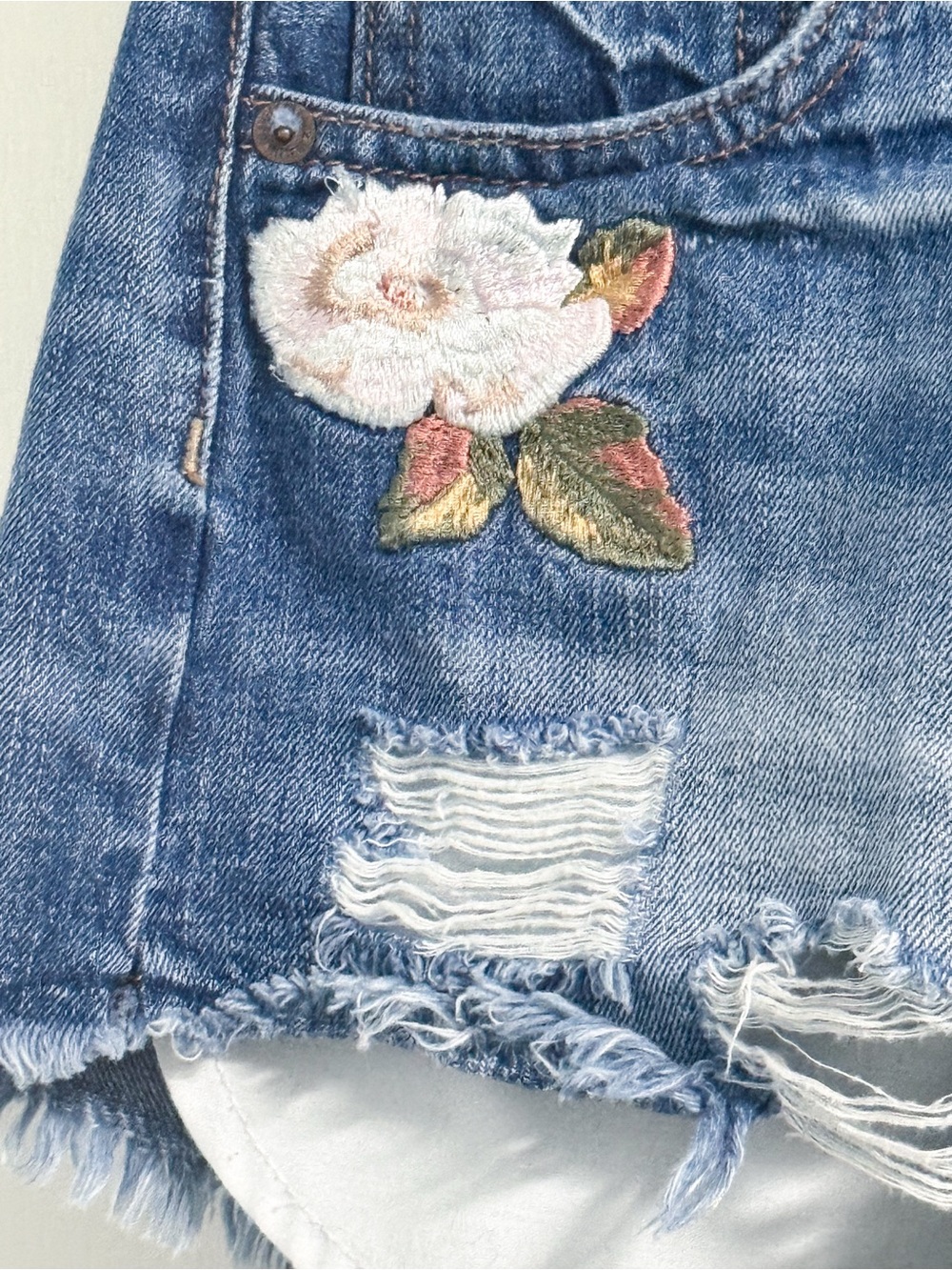 American Eagle Outfitters Embroidered Blue Denim Cutoff Shorts - Picture 4 of 17